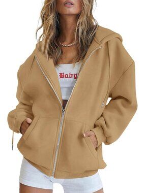 Women's Khaki Long Sleeve Pockets Fall Zip Up Hoodies Sweatshirts Track Jackets